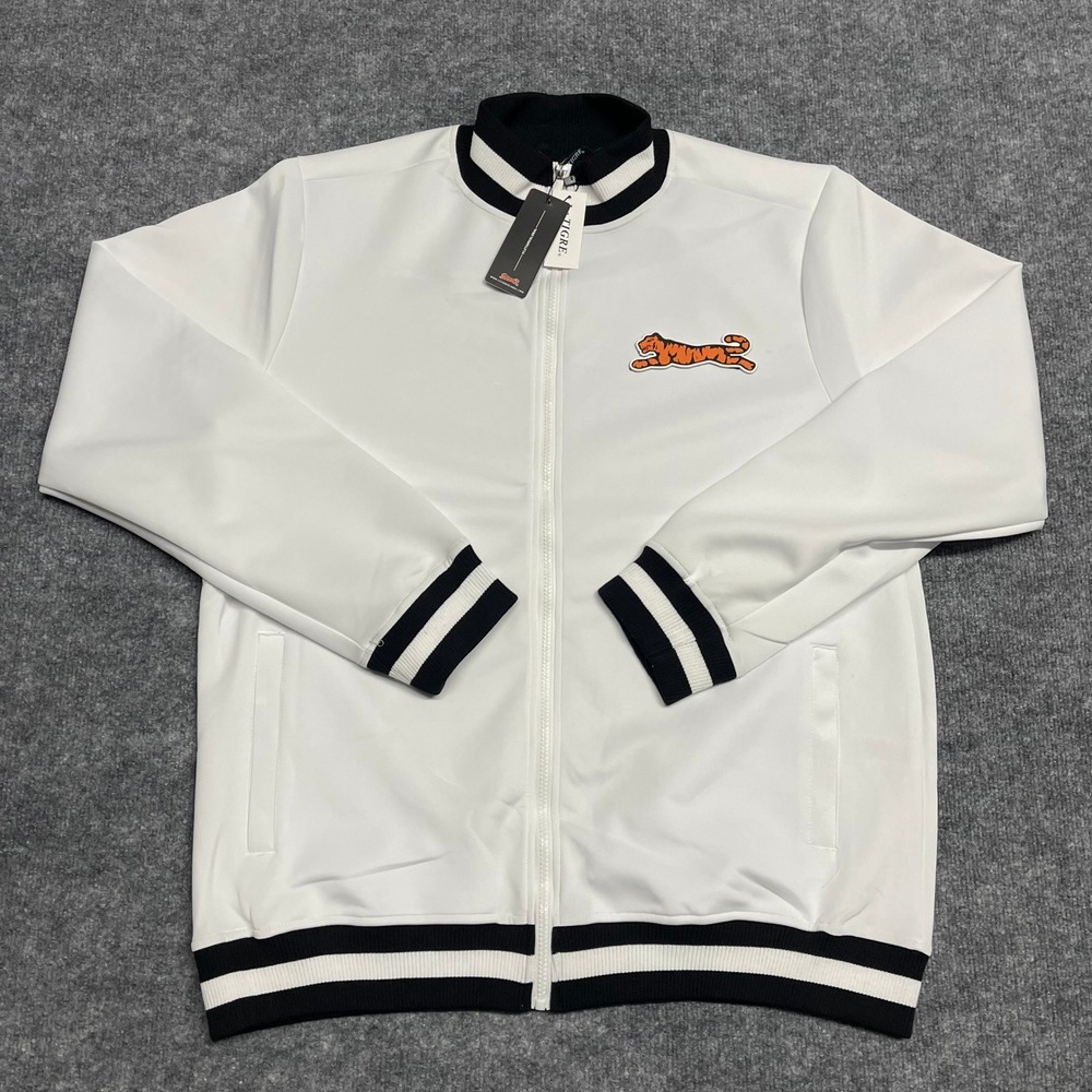 Le Tigre Jacket XL Mens White Full Zip Big Tiger Logo Stripped Ribbed Trim